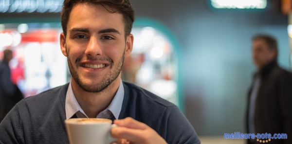 un homme sourit porte une tasse