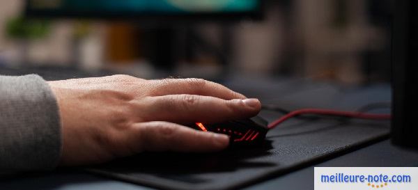 Une main posée sur un souris gamer