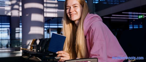 une femme sourit avec son passeport