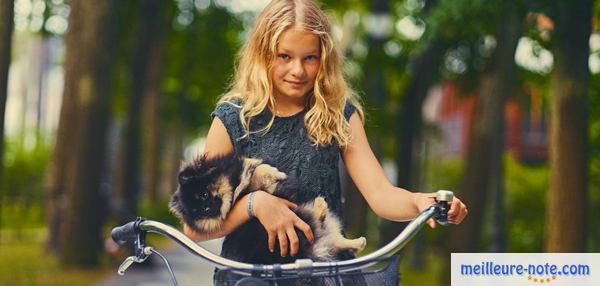 une petite fille qui emmène son chien malade à vélo