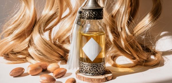 une bouteille d'huile et du cheveux blonde